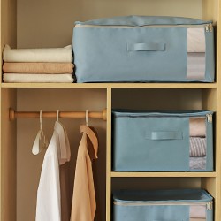 Japanese-Style Fabric Storage Box, Foldable Clothes and Quilt Storage Box with Window, Large-Capacity Drawstring Storage Basket